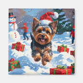 Yorkshire Terrier in de sneeuw met kerstmuts Magneet (Voorkant)