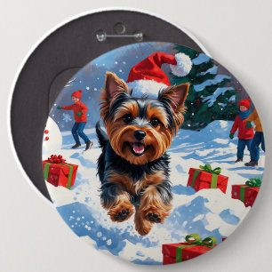 Yorkshire Terrier in de sneeuw met kerstmuts Ronde Button 6,0 Cm