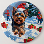 Yorkshire Terrier in de sneeuw met kerstmuts Ronde Button 6,0 Cm (Voorkant)