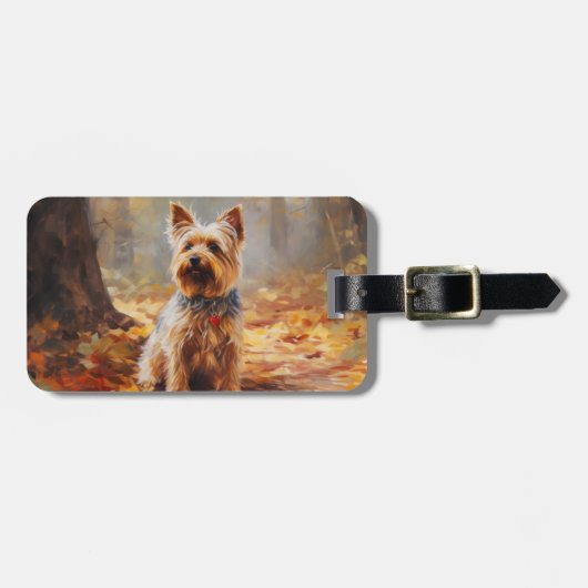 Yorkshire Terrier in herfstbladeren val inspireert Bagagelabel (Voorkant horizontaal)