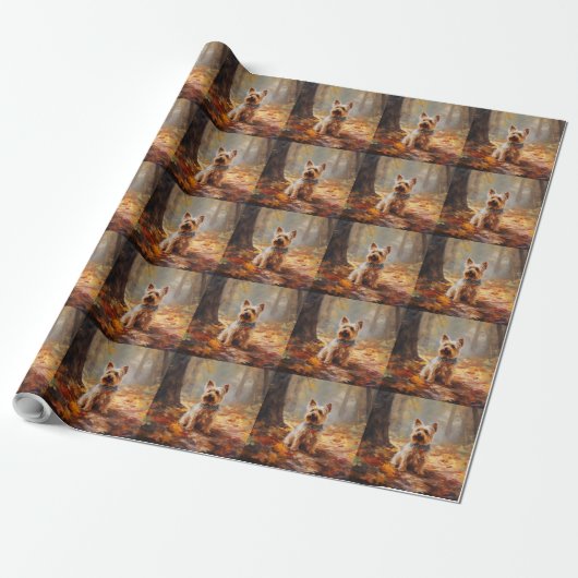 Yorkshire Terrier in herfstbladeren val inspireert Cadeaupapier (Uitgerold)