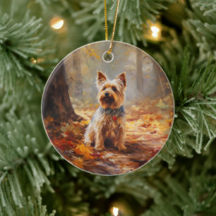 Yorkshire Terrier in herfstbladeren val inspireert Keramisch Ornament