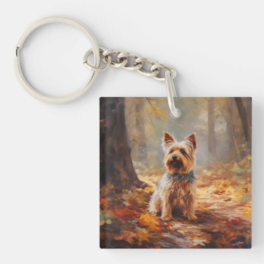 Yorkshire Terrier in herfstbladeren val inspireert Sleutelhanger (Voorkant)