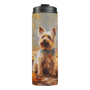 Yorkshire Terrier in herfstbladeren val inspireert Thermosbeker