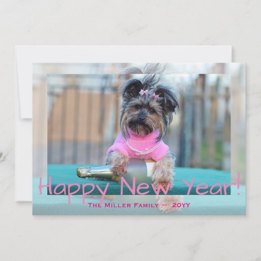 Yorkshire Terrier in Roze Happy New Year Hond Foto Feestdagenkaart (Voorkant)