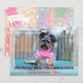 Yorkshire Terrier in Roze Happy New Year Hond Foto Feestdagenkaart (Voorkant / Achterkant)