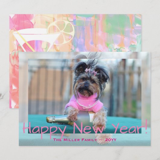 Yorkshire Terrier in Roze Happy New Year Hond Foto Feestdagenkaart (Voorkant / Achterkant)