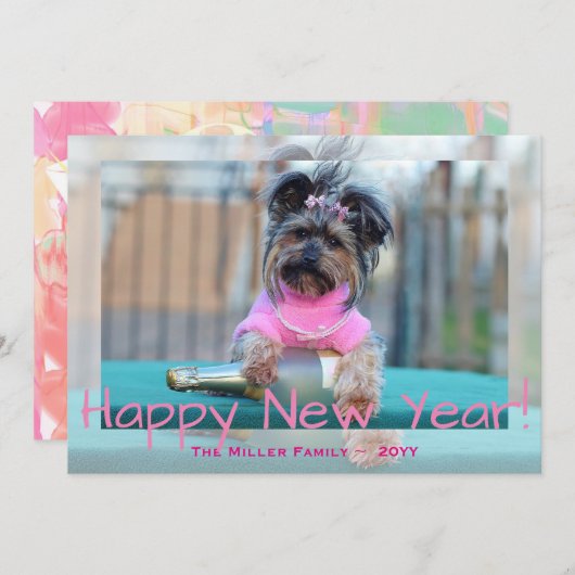 Yorkshire Terrier in Roze Ongelukkig Nieuwjaar Hon Feestdagenkaart (Voorkant / Achterkant)