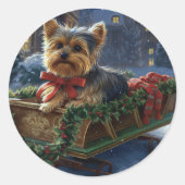 Yorkshire Terrier Kerst Feestelijke Periode Ronde Sticker (Voorkant)