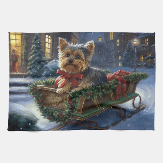 Yorkshire Terrier Kerst Feestelijke Periode Theedoek (Horizontaal)