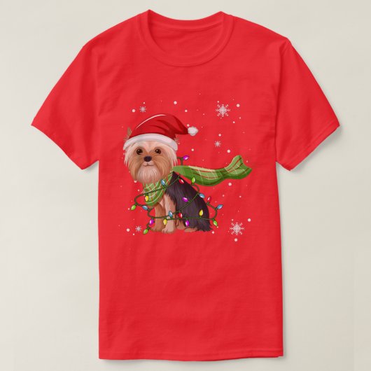 Yorkshire Terrier-kerstboom Lights Funny Xmas T-shirt (Design voorkant)