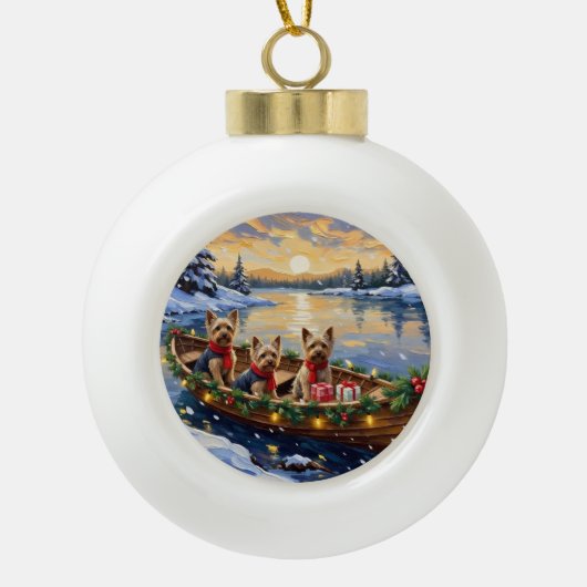 Yorkshire Terrier Kerstboot Vakantie Keramische Bal Ornament (Voorkant)