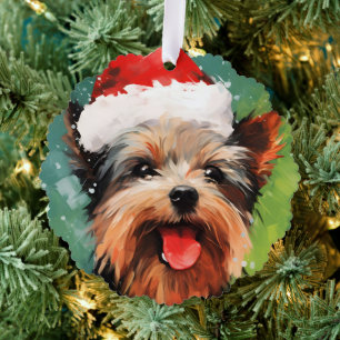 Yorkshire Terrier Kerstborstel schilderen kunstwer Ornament Kaart