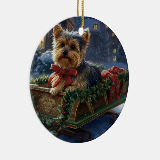 Yorkshire Terrier Kerstfeest Seizoen Keramisch Ornament (Rechts)