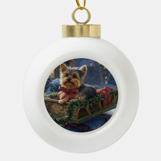 Yorkshire Terrier Kerstfeest Seizoen Keramische Bal Ornament (Voorkant)