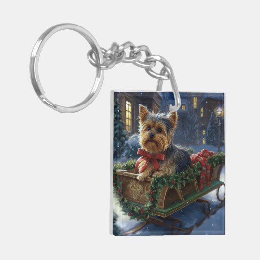 Yorkshire Terrier Kerstfeest Seizoen Sleutelhanger (Voorkant Links)