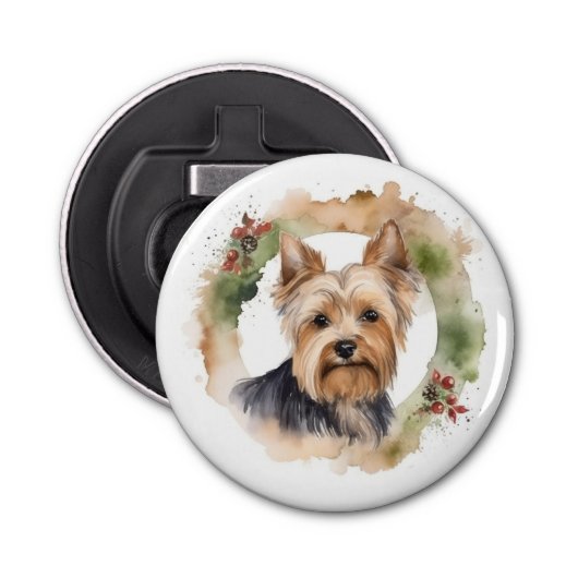 Yorkshire Terrier Kerstkrans feestelijke pup Button Flesopener (Voorkant)