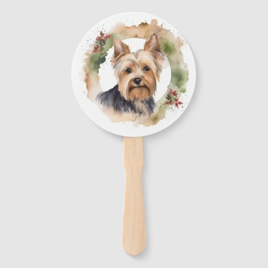 Yorkshire Terrier Kerstkrans feestelijke pup Handwaaier (Voorkant)