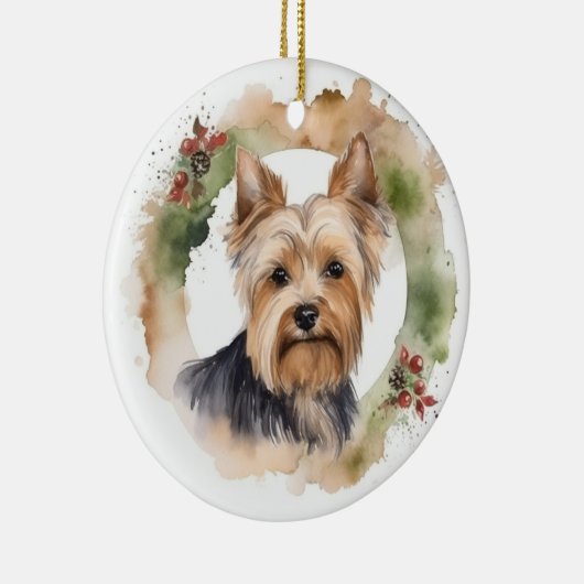 Yorkshire Terrier Kerstkrans feestelijke pup Keramisch Ornament (Rechts)