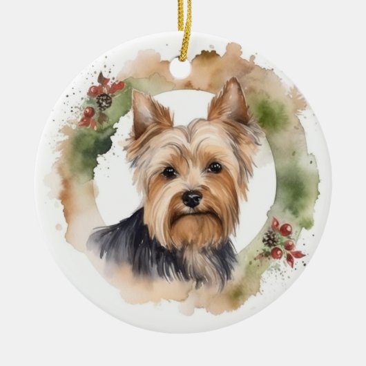 Yorkshire Terrier Kerstkrans feestelijke pup Keramisch Ornament (Voorkant)