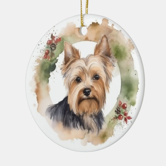 Yorkshire Terrier Kerstkrans feestelijke pup Keramisch Ornament (Links)