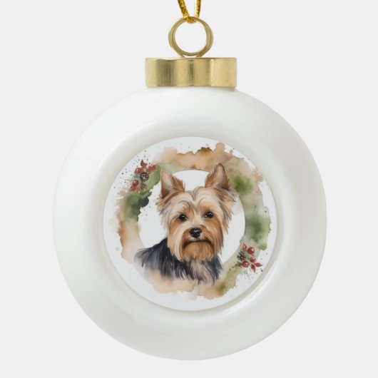 Yorkshire Terrier Kerstkrans feestelijke pup Keramische Bal Ornament (Voorkant)