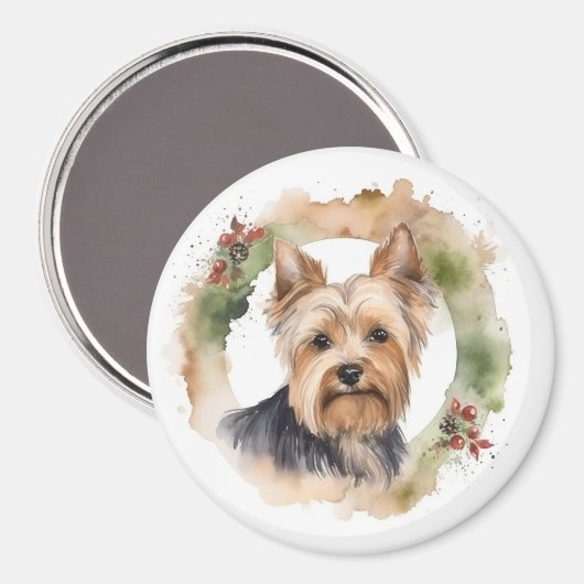 Yorkshire Terrier Kerstkrans feestelijke pup Magneet (Voorkant / Achterkant)