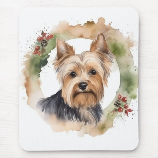 Yorkshire Terrier Kerstkrans feestelijke pup Muismat (Voorkant)