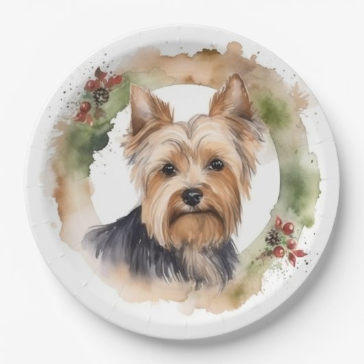 Yorkshire Terrier Kerstkrans feestelijke pup Papieren Bordje (Voorkant)