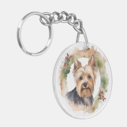 Yorkshire Terrier Kerstkrans feestelijke pup Sleutelhanger (Voorkant Links)