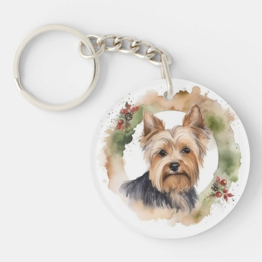 Yorkshire Terrier Kerstkrans feestelijke pup Sleutelhanger (Voorkant)