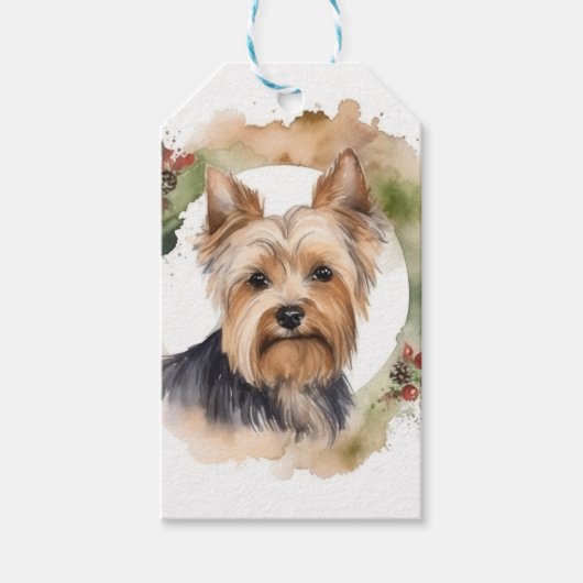 Yorkshire Terrier Kerstkrans Festieve Pup Cadeaulabel (Voorkant)