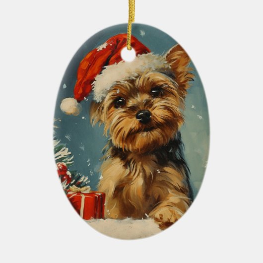 Yorkshire Terrier Kerstmis Keramisch Ornament (Voorkant)