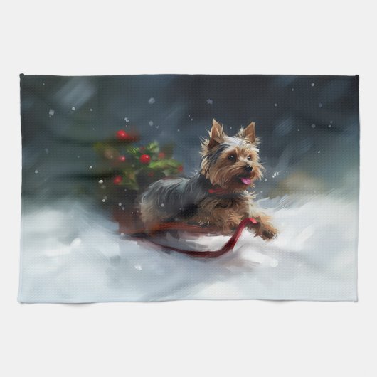 Yorkshire Terrier Kerstmis sneeuw winter Theedoek (Horizontaal)