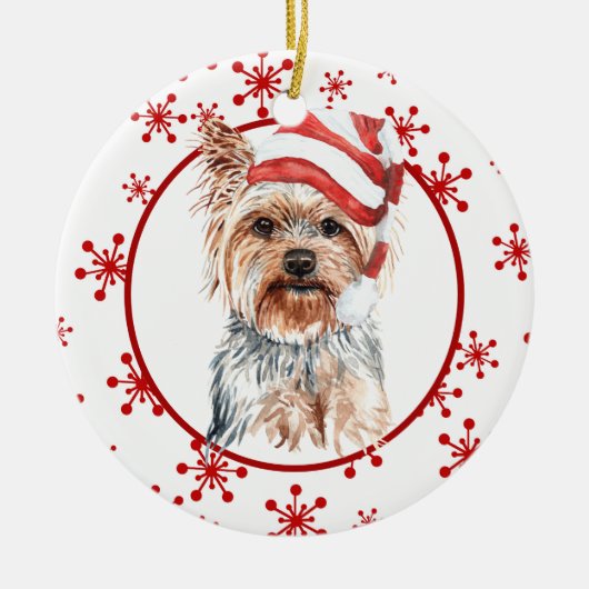 Yorkshire Terrier Kerstmuts Rood Sneeuwvlok Keramisch Ornament (Voorkant)