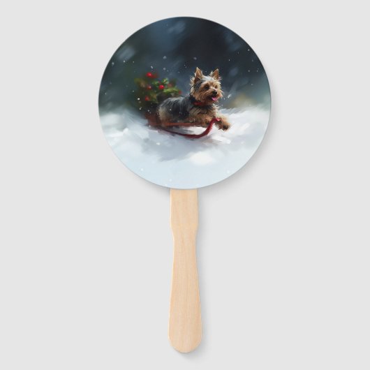 Yorkshire Terrier Kerstsneeuw winter Handwaaier (Voorkant)