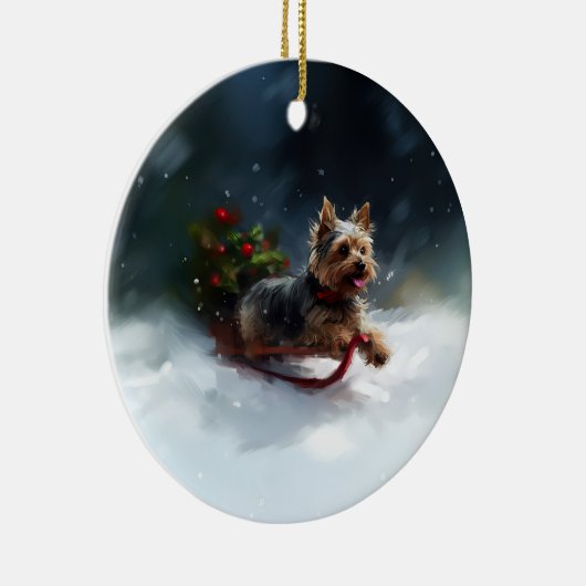 Yorkshire Terrier Kerstsneeuw winter Keramisch Ornament (Rechts)