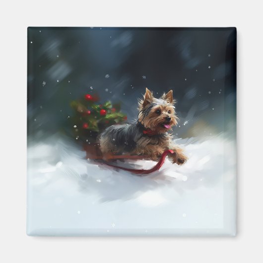 Yorkshire Terrier Kerstsneeuw winter Magneet (Voorkant)