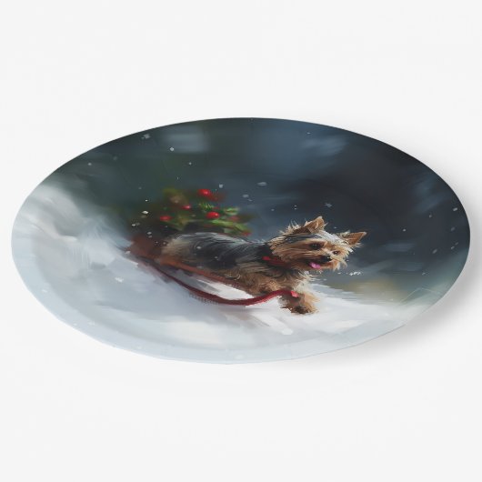 Yorkshire Terrier Kerstsneeuw winter Papieren Bordje (Gekanteld)