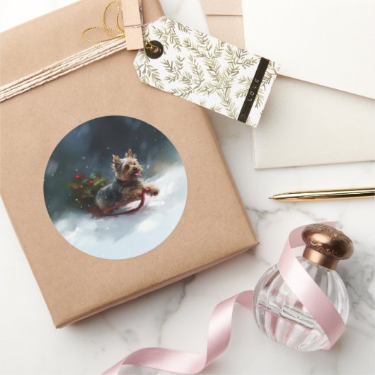 Yorkshire Terrier Kerstsneeuw winter Ronde Sticker (Geschenken)