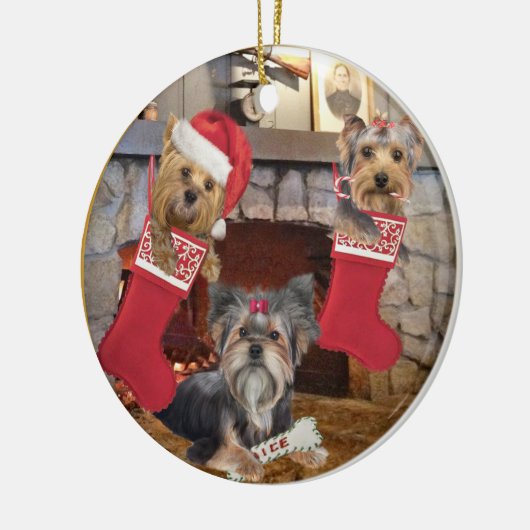 Yorkshire Terrier Kerstversier Keramisch Ornament (Links)