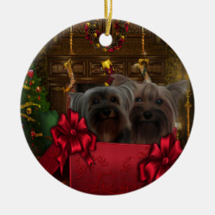 Yorkshire Terrier Kerstversier Keramisch Ornament