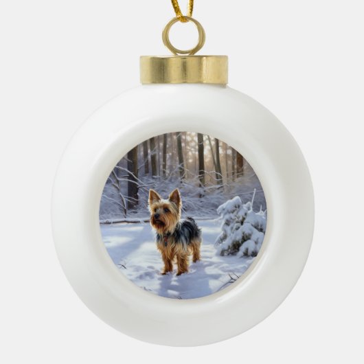 Yorkshire Terrier Laat het Sneeuwen Kerstmis Keramische Bal Ornament (Voorkant)