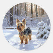 Yorkshire Terrier Laat het Sneeuwen Kerstmis Ronde Sticker (Voorkant)