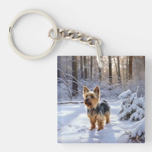 Yorkshire Terrier Laat het Sneeuwen Kerstmis Sleutelhanger (Voorkant)