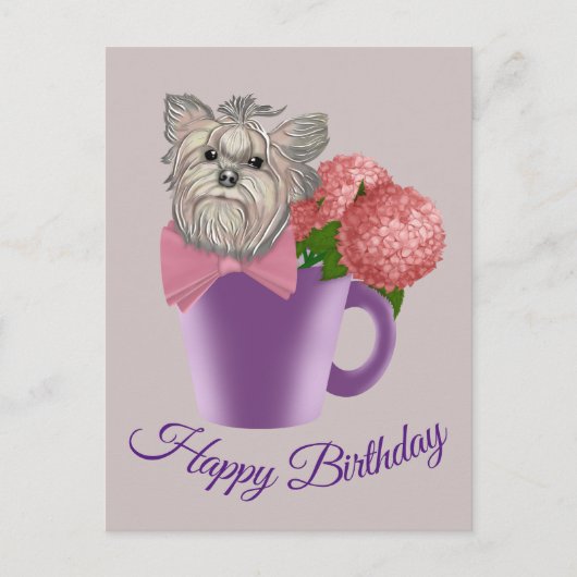 Yorkshire Terrier met bloemen Happy Birthday Briefkaart (Voorkant)