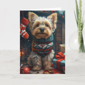 Yorkshire Terriër met kerstcadeaus open haard Kaart (Voorkant)