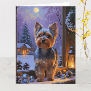 Yorkshire Terrier met kerstverlichting Vakantie Kaart