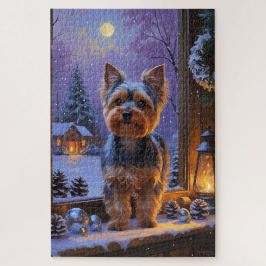 Yorkshire Terrier met kerstverlichting Vakantie Legpuzzel (Verticaal)