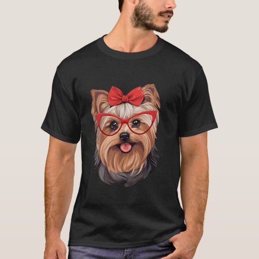 Yorkshire Terrier met rode bril en hoofdband T-shirt (Voorkant)